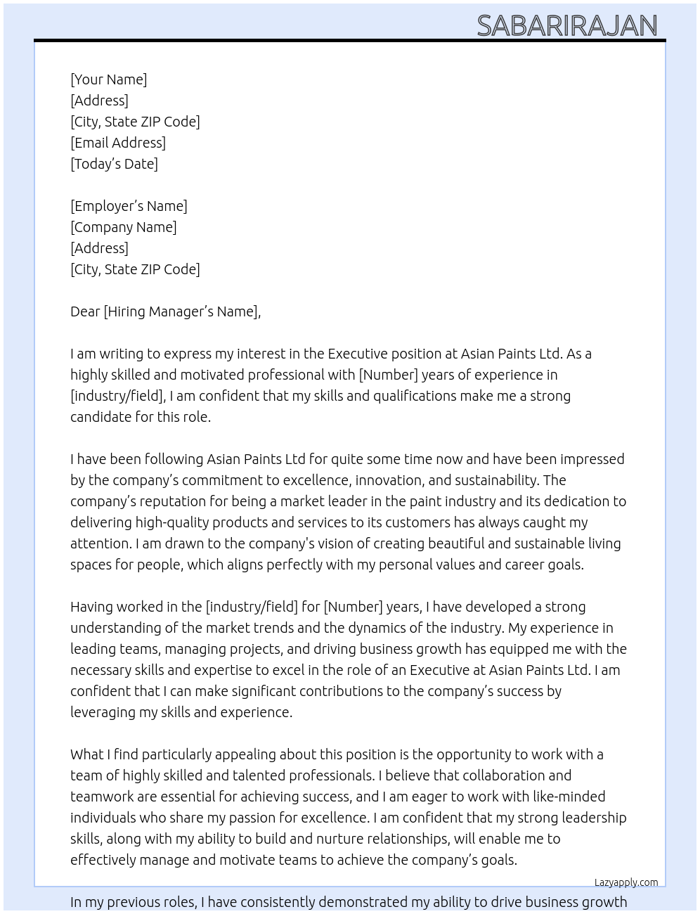 Executive At Asian paints Ltd Cover Letter