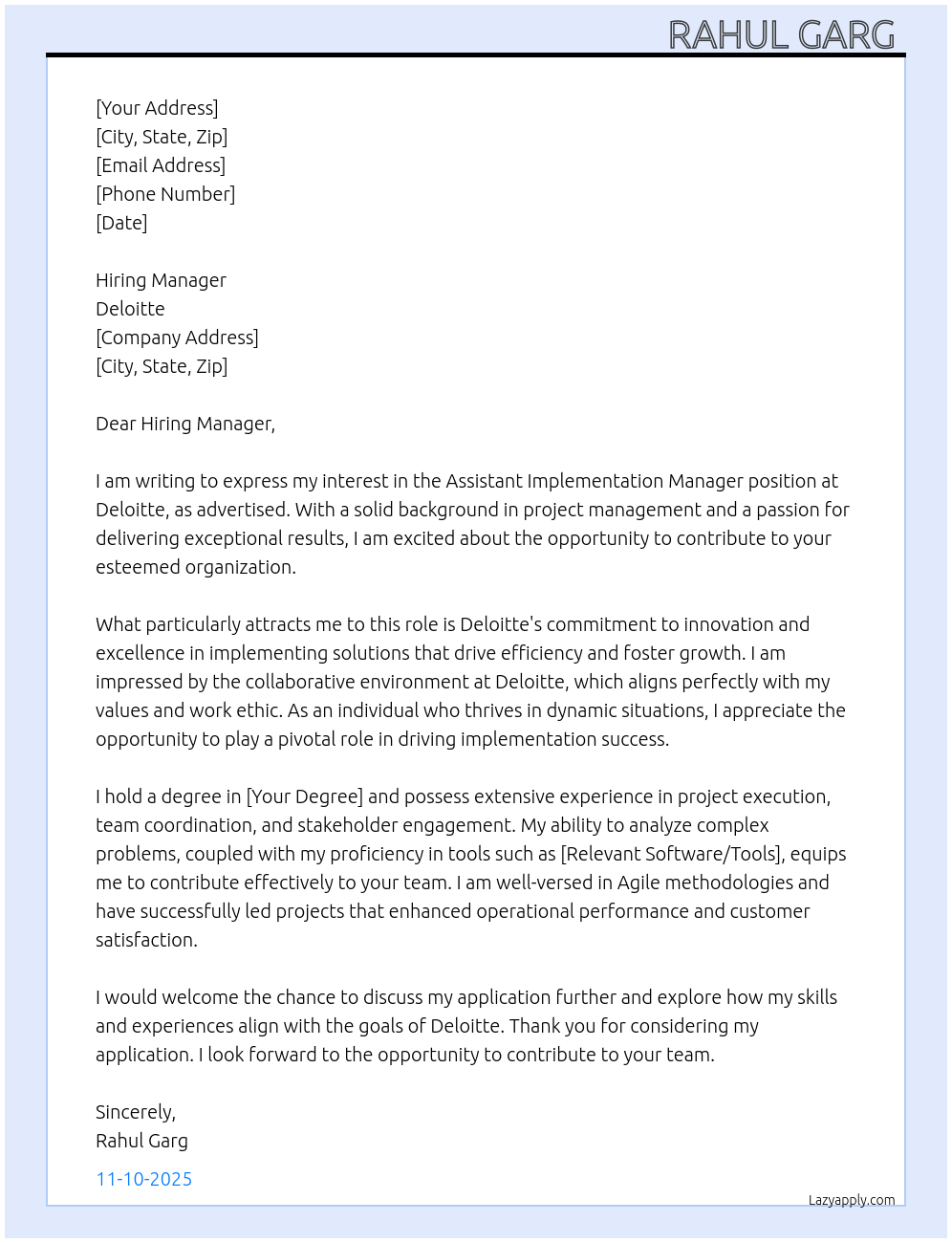 Assistant Implimentation Manager At Deloitte Cover Letter