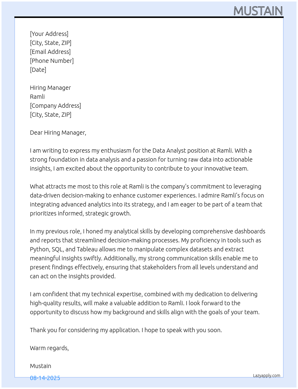 Data Analyst At Ramli Cover Letter