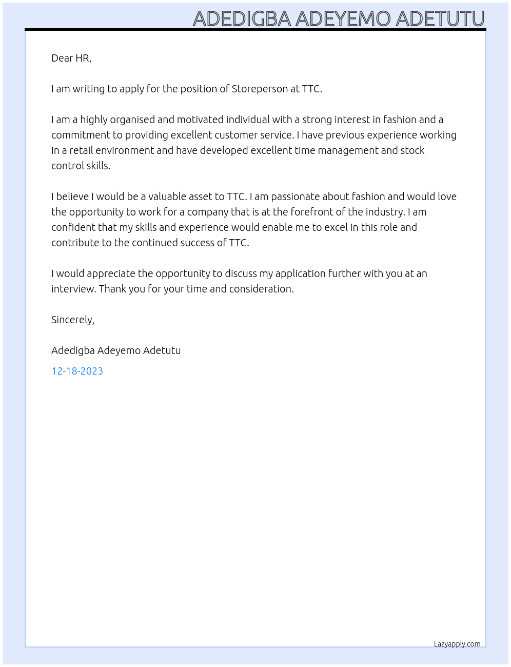 Storeperson At TTC Cover Letter