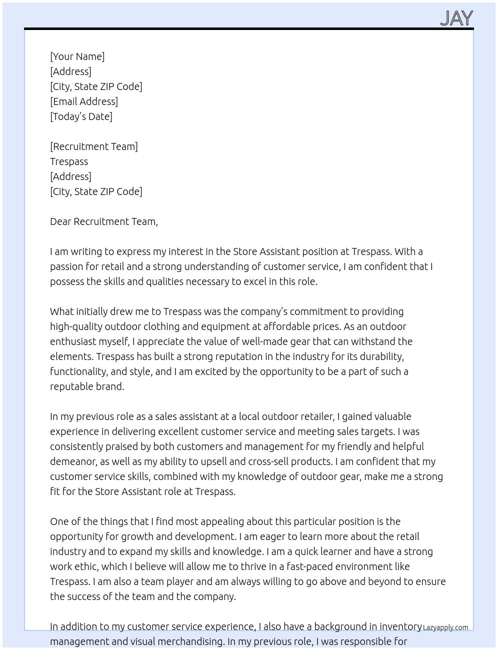 Store Assistant  At Trespass Cover Letter