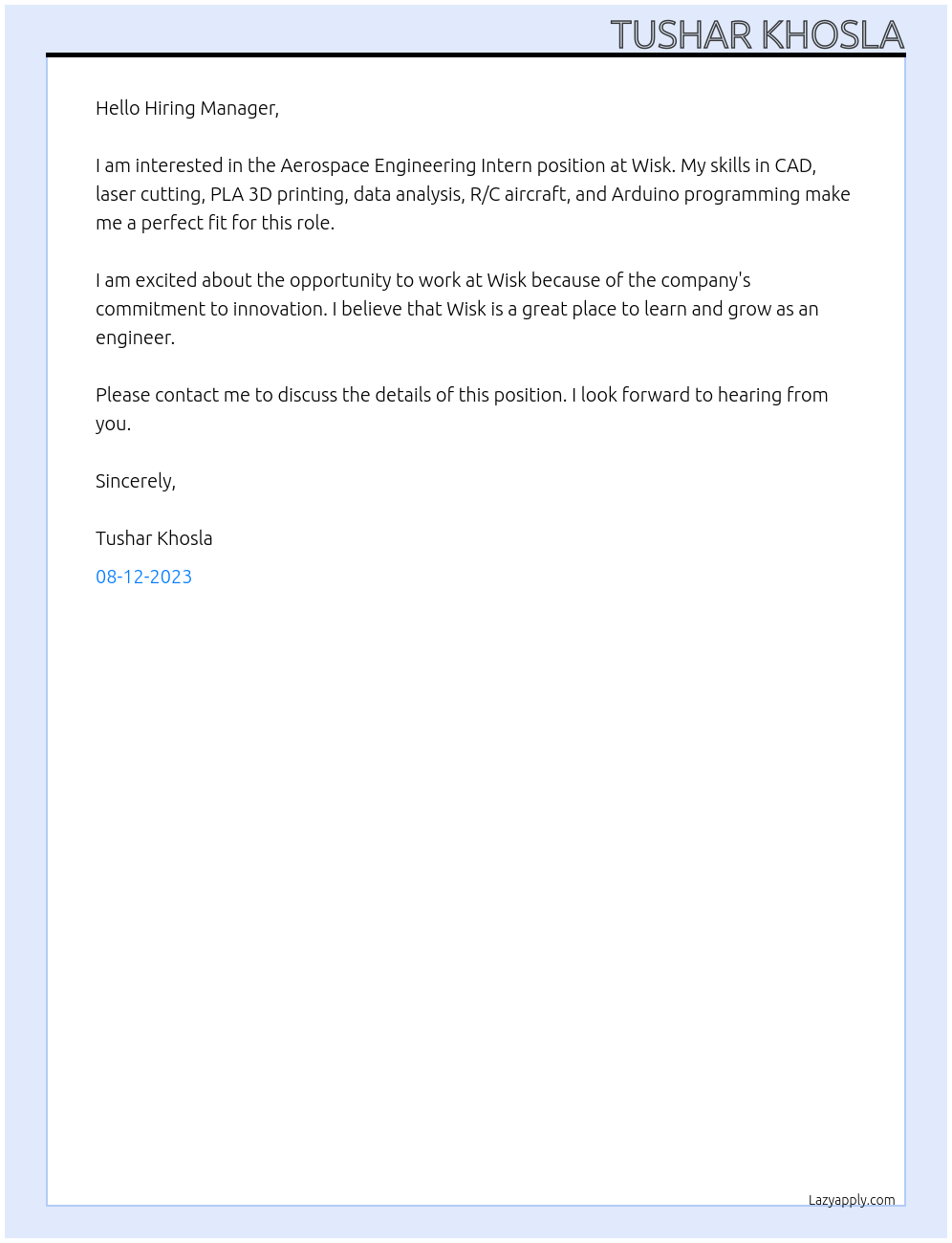 Aerospace Engineering Intern At Wisk Cover Letter