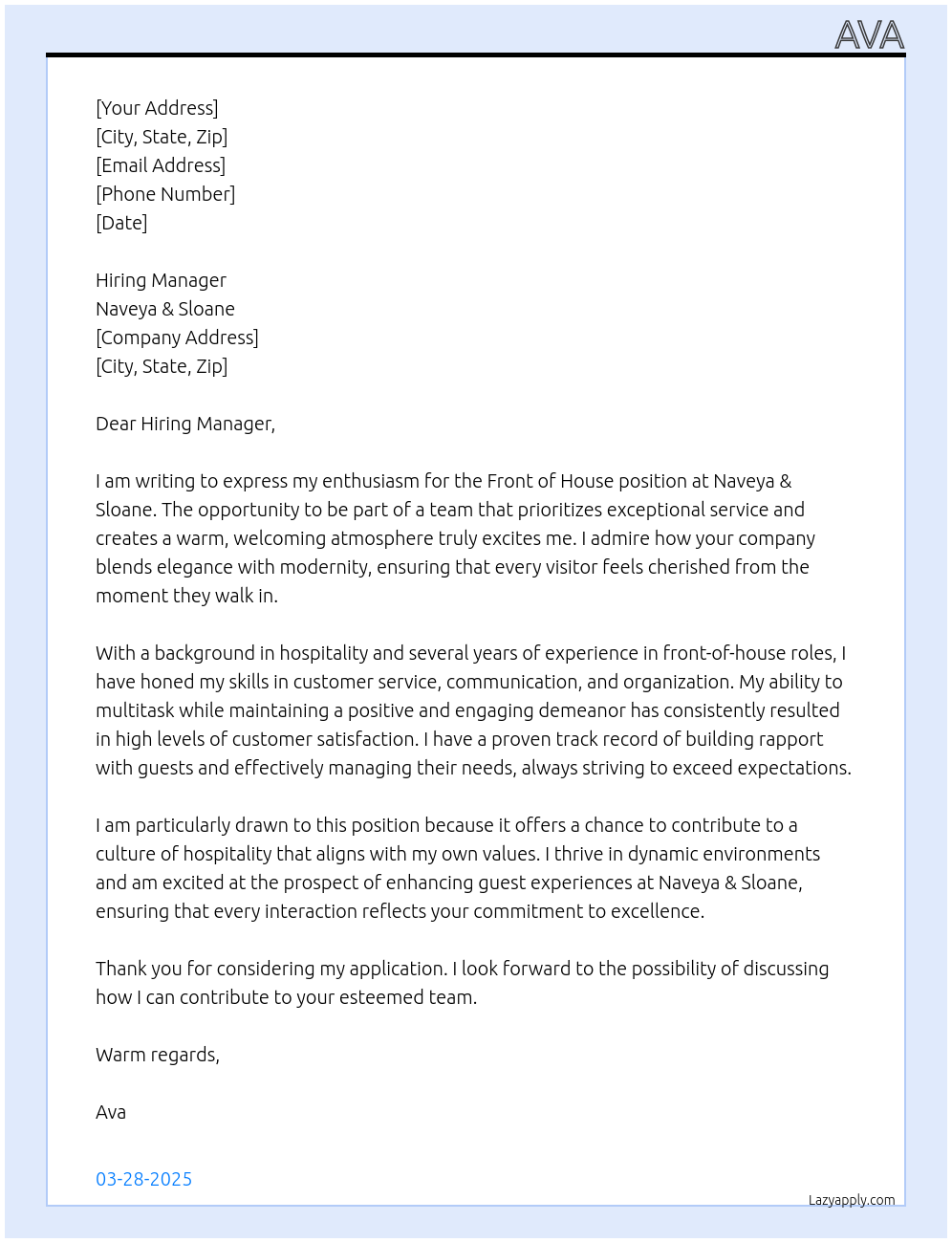 Front of House At Naveya&Sloane Cover Letter