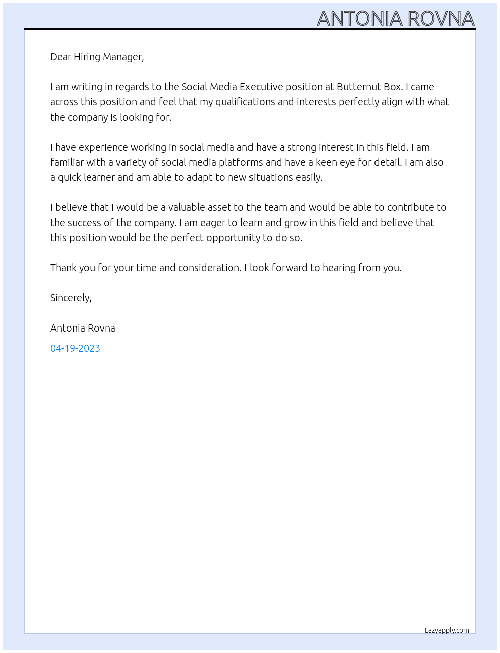 Social Media Executive At Butternut Box Cover Letter