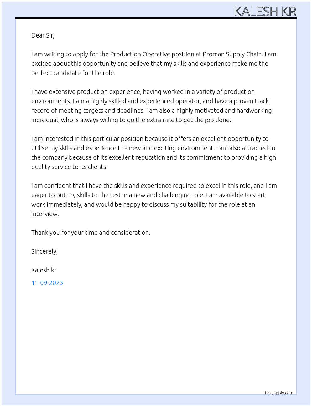 Production Operative At Proman : Supply Chain : Team B Cover Letter