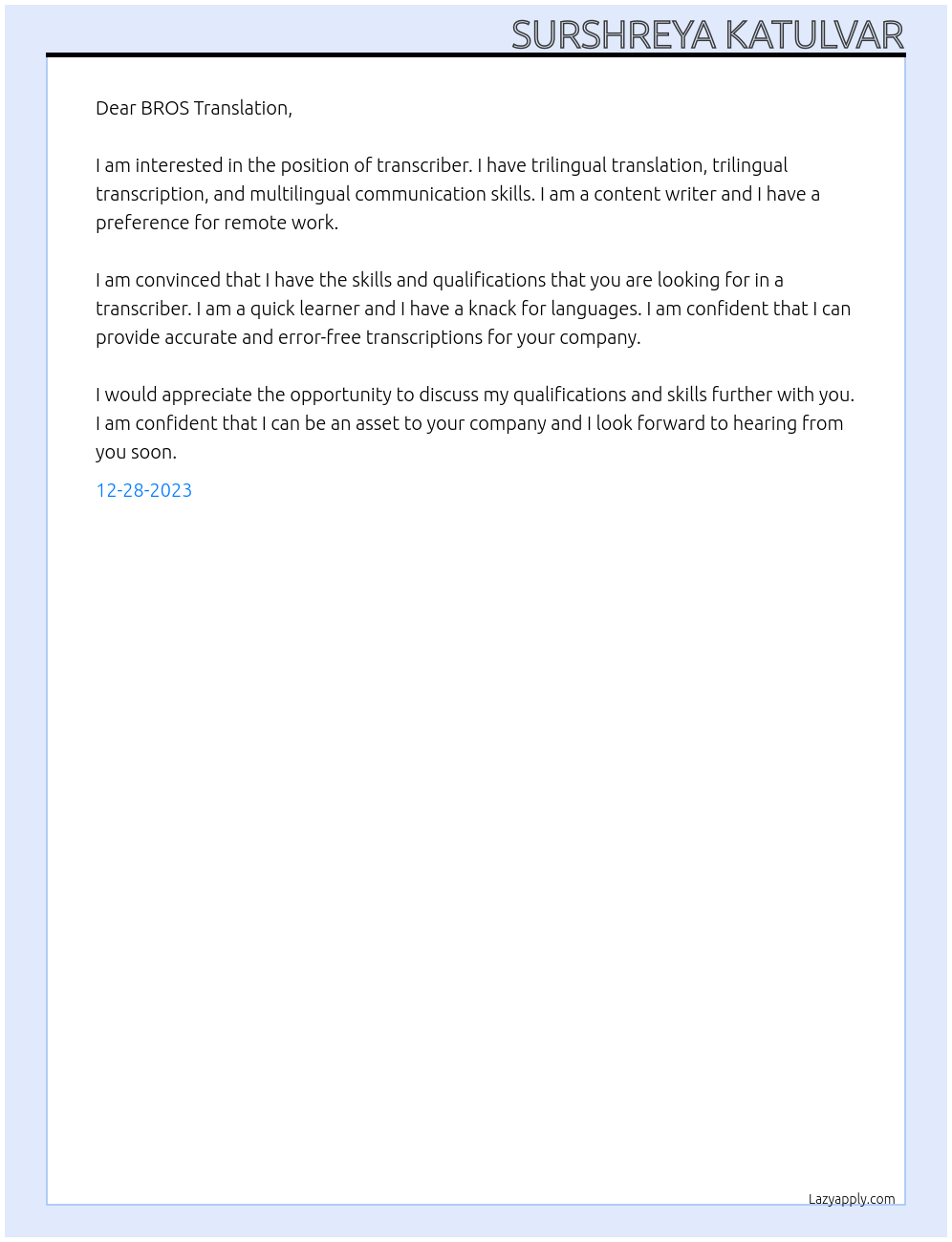 transcriber At BROS Translation Cover Letter