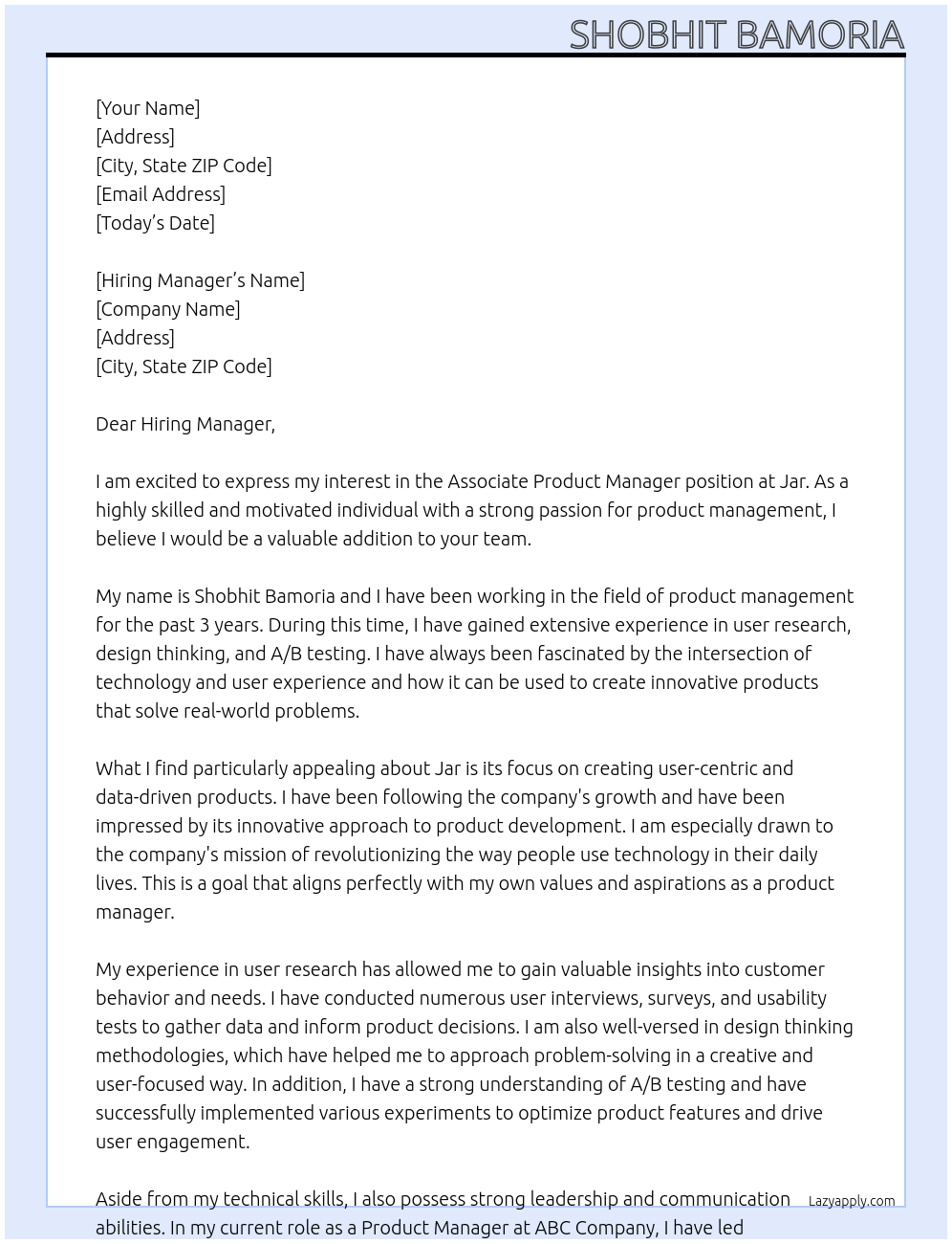 Associate Product Manager At Jar Cover Letter