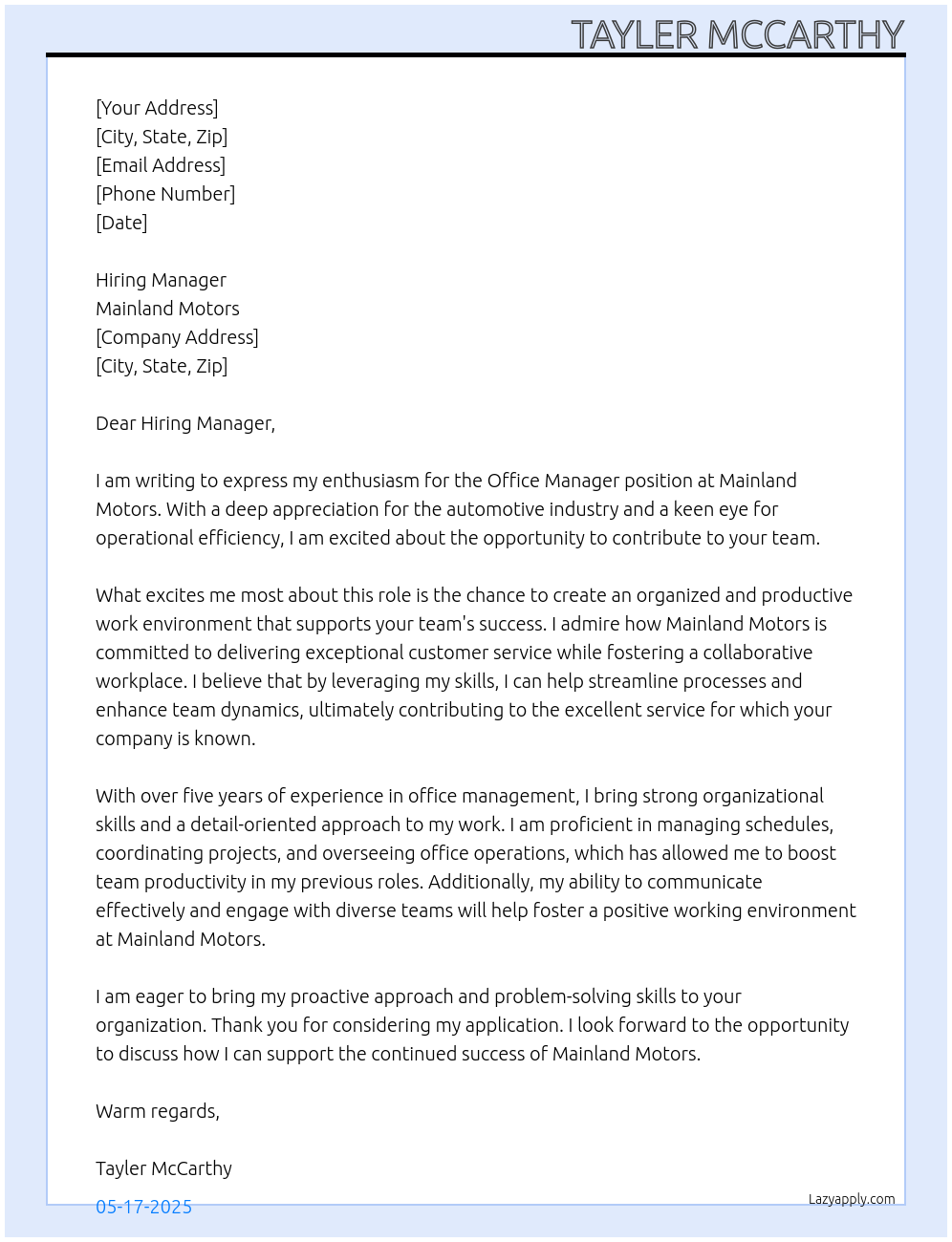 Office Manager At Mainland Motors Cover Letter