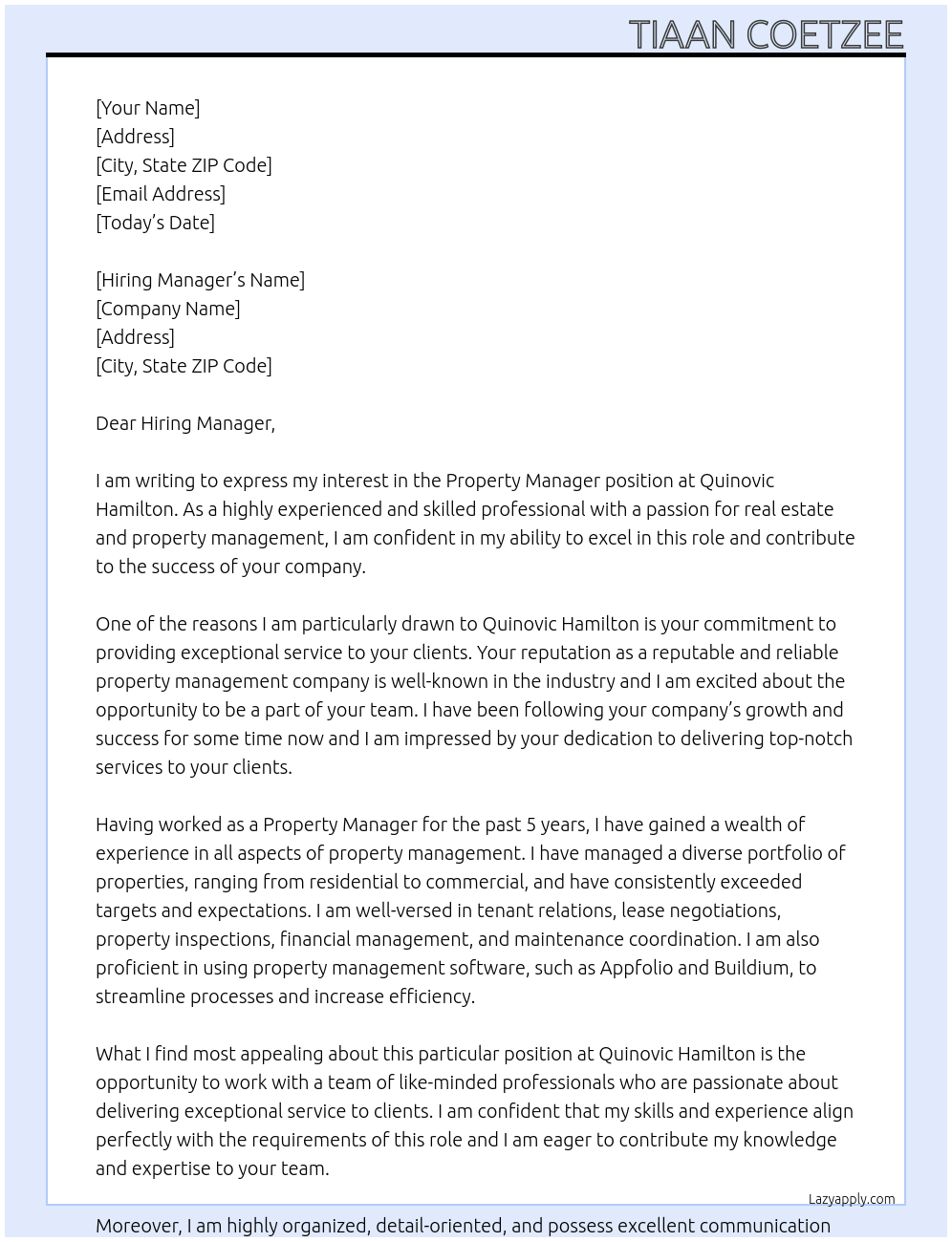 Property Manager  At Quinovic Hamilton  Cover Letter