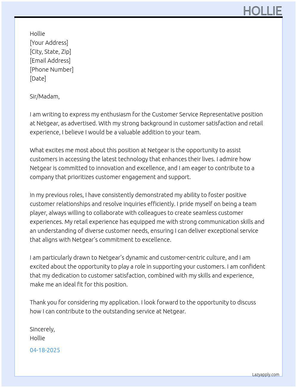 Customer service representative At Netgear Cover Letter