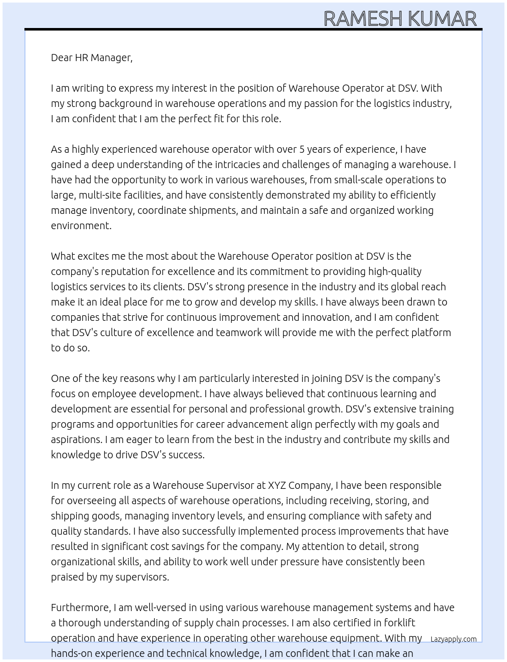 Warehouse operator At Dsv Cover Letter