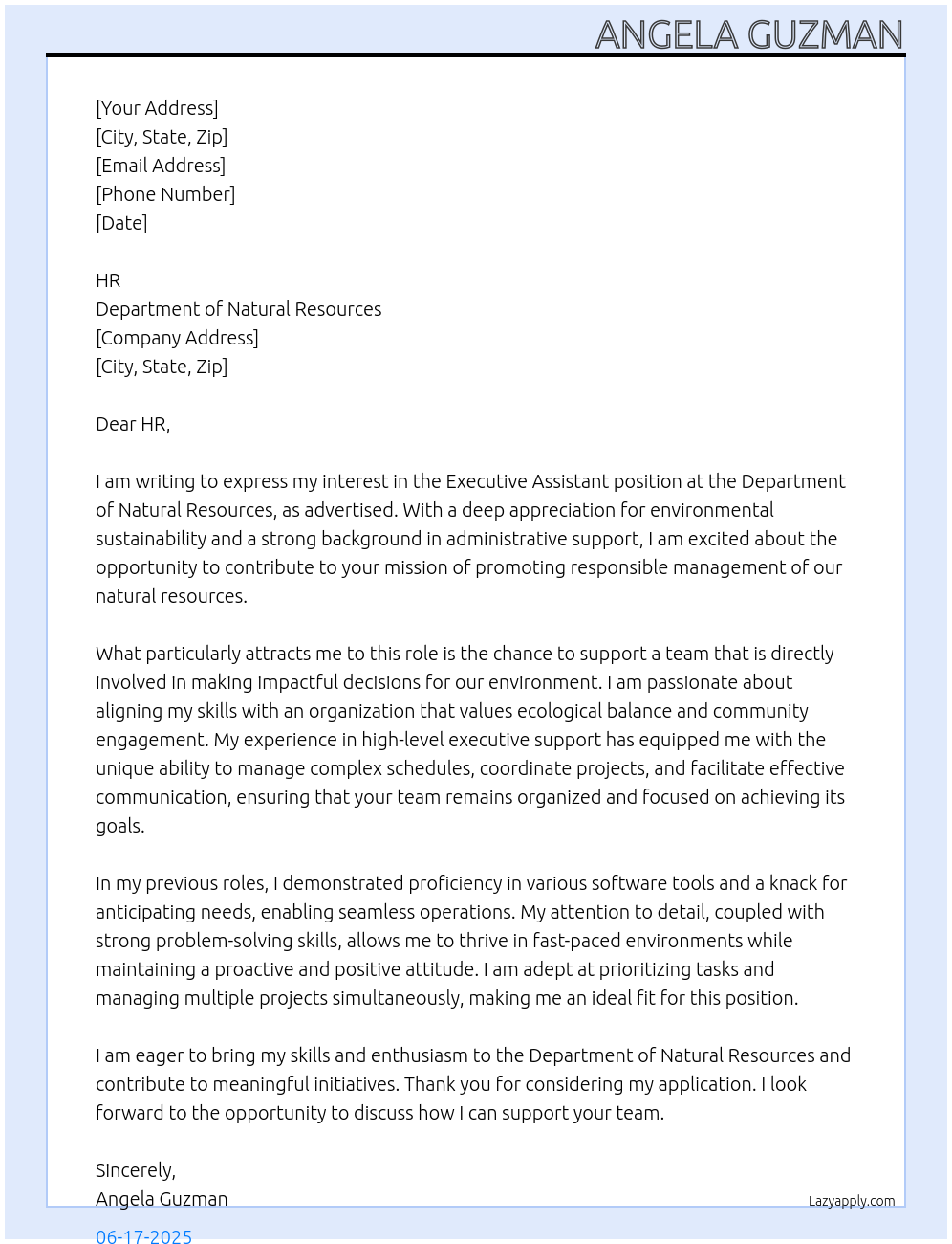 Executive Assistant At Department of Natural Resources Cover Letter