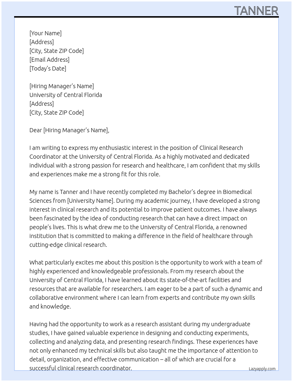 clinical research coordinator At University of Central Florida Cover Letter