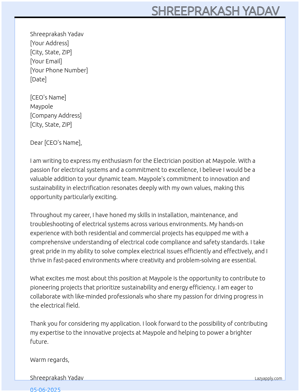 Electrician At Maypole Cover Letter