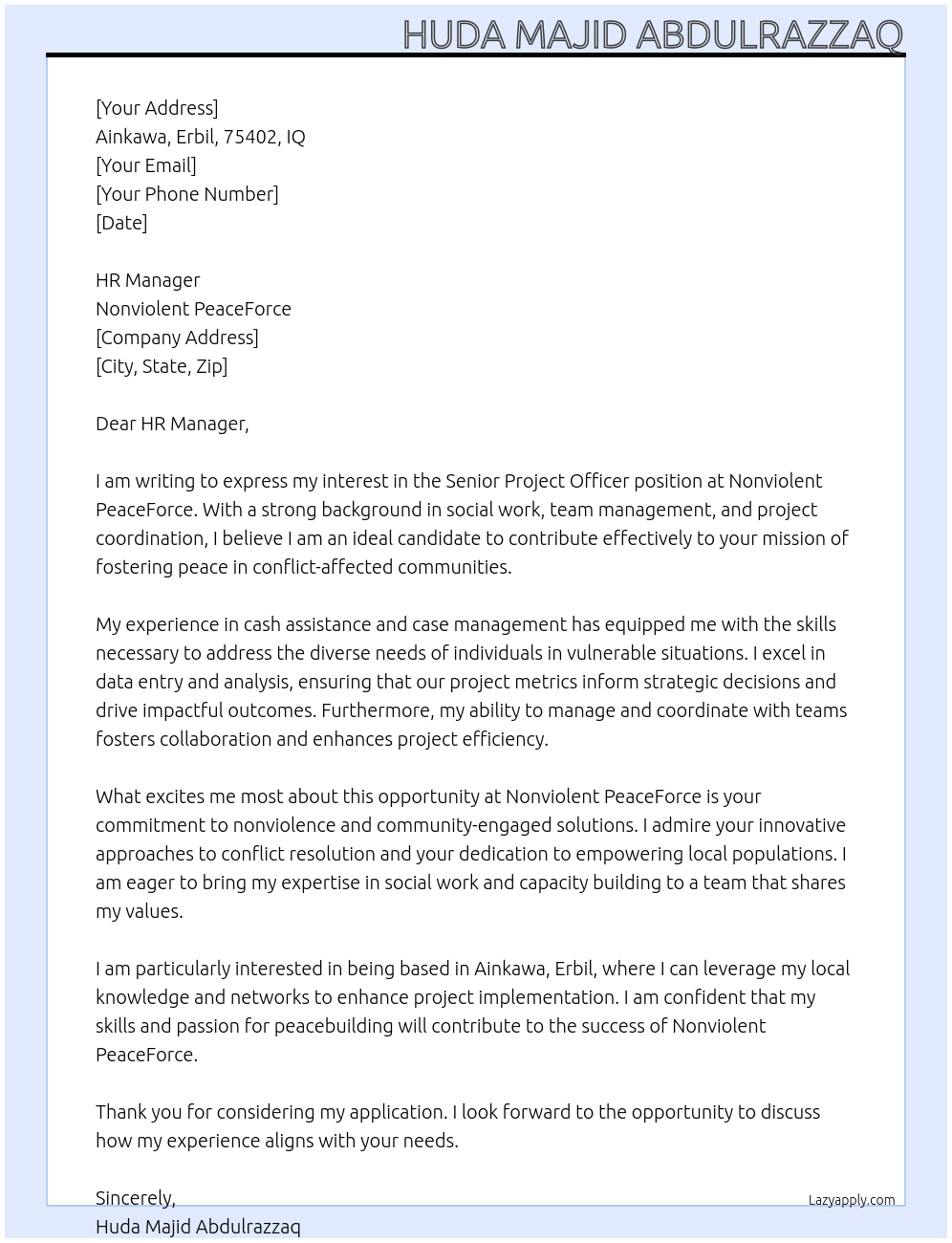 Cover letter for senior project officer - LazyApply