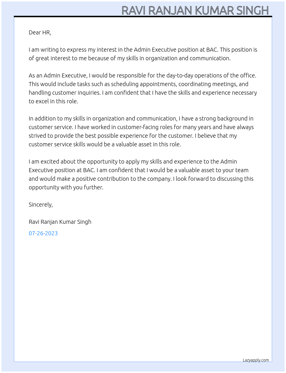 Admin Executive At BAC Cover Letter