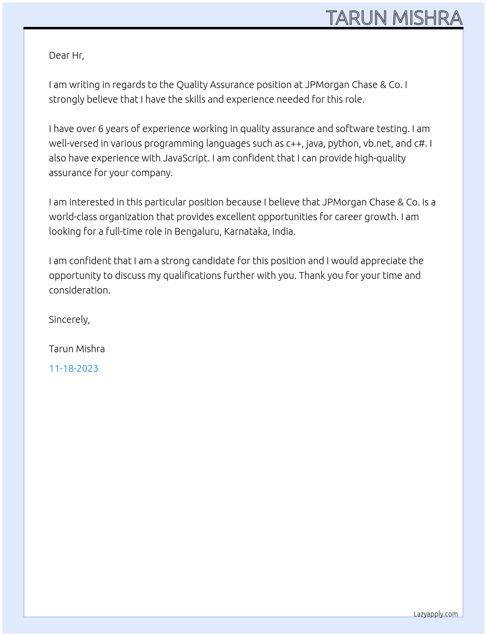 Quality Assurance At JPMorgan Chase & Co. Cover Letter