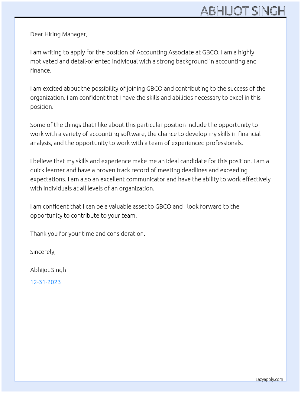 Accounting Associate At GBCO Cover Letter