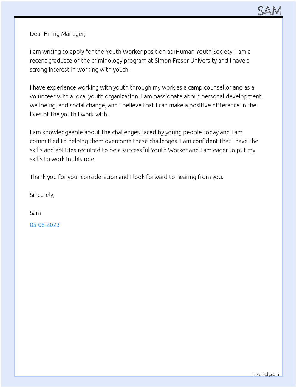 Youth Worker At iHuman Youth Society Cover Letter