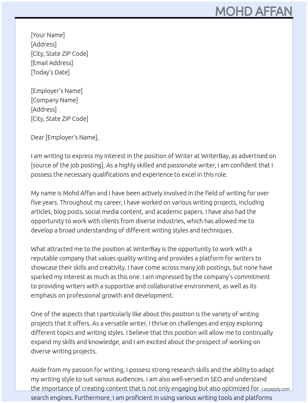 Writer At WriterBay Cover Letter