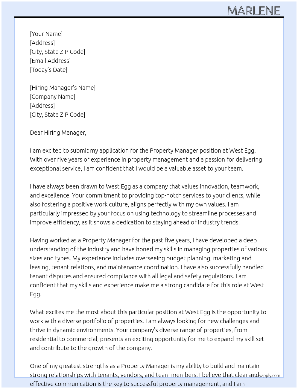 Property Manager  At West Egg  Cover Letter