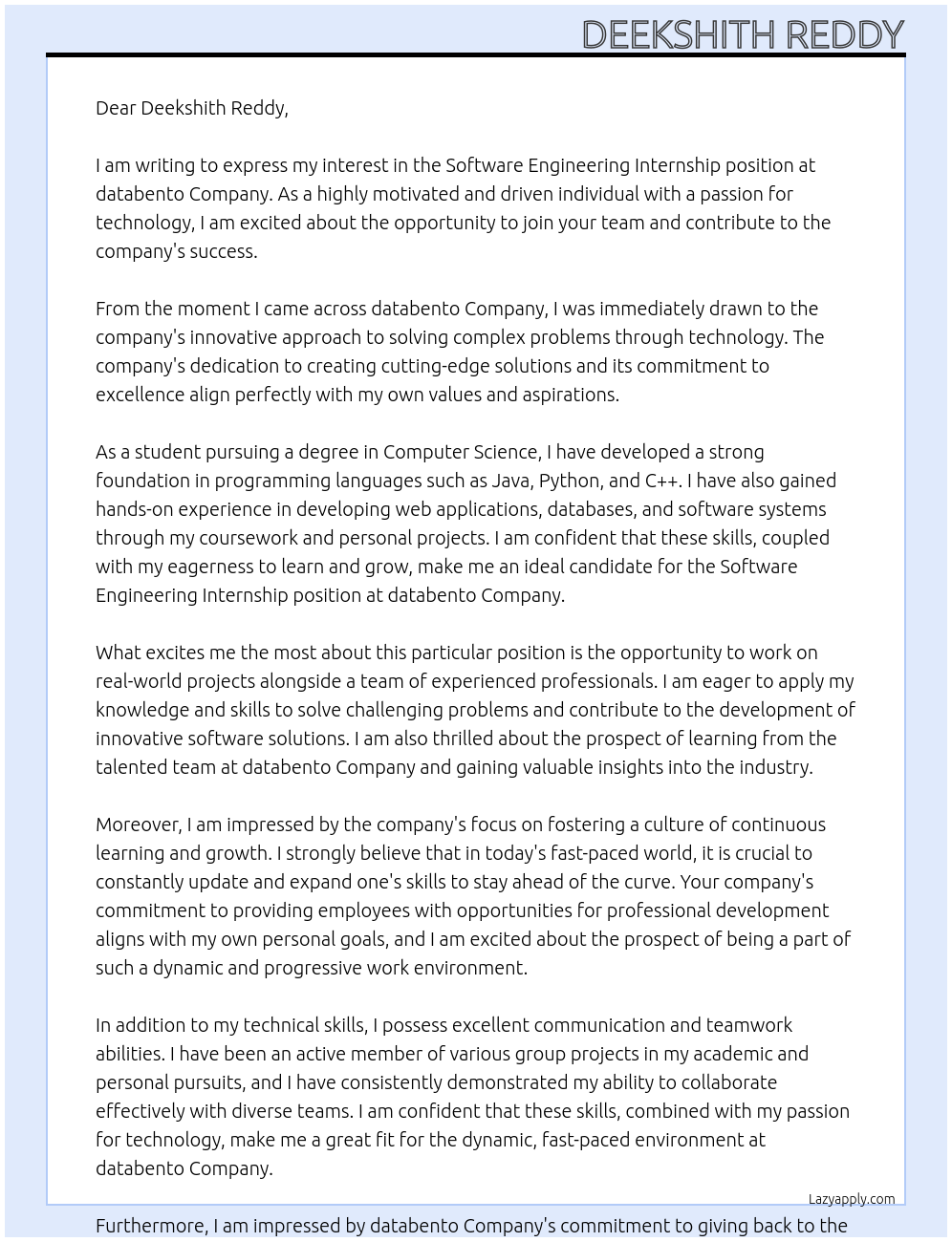 Software Engineering Internship At databento Company Cover Letter