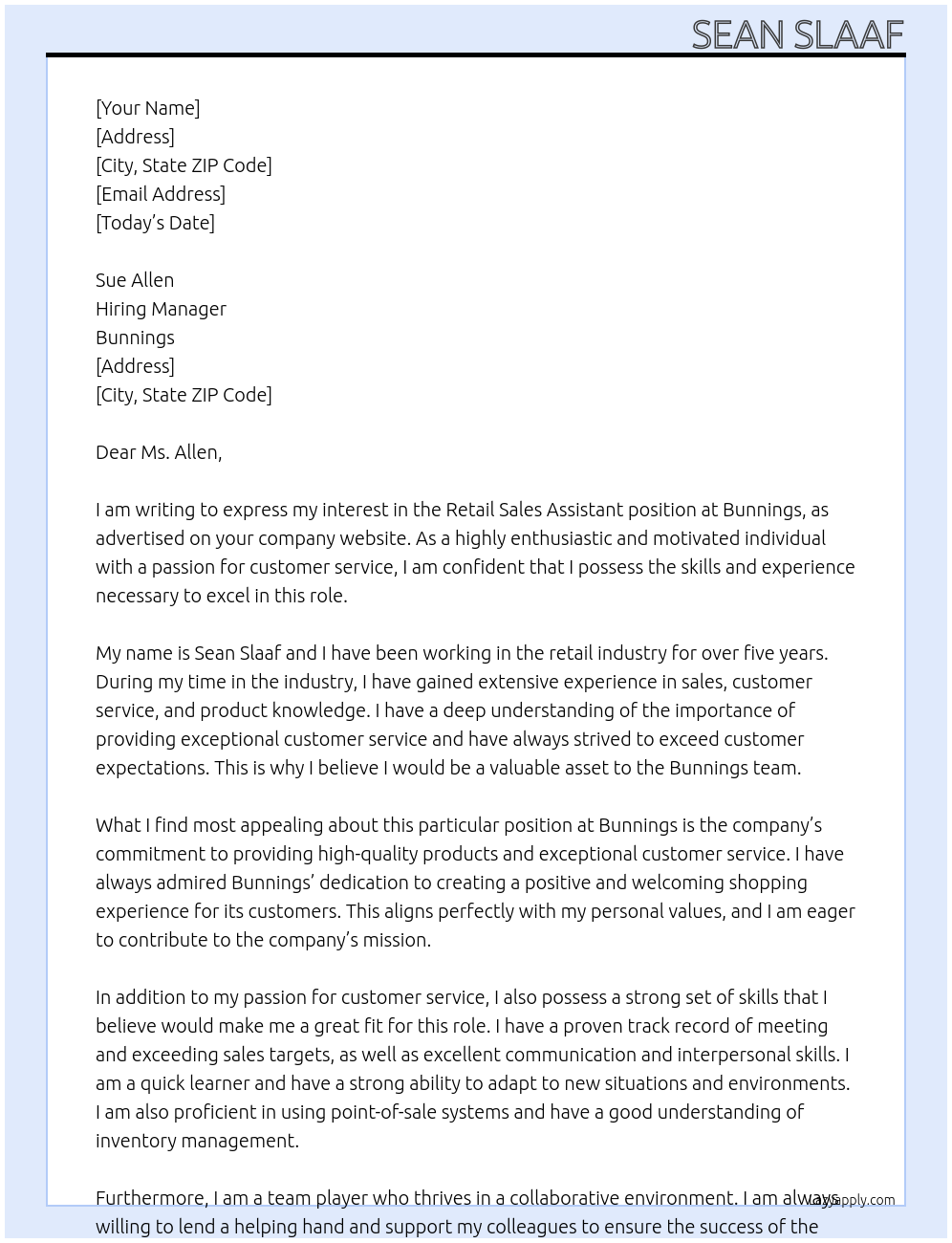 retail sales assistant At bunnings Cover Letter