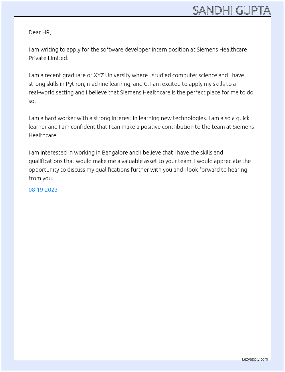 software developer intern At Siemens Healthcare Private Limited Cover Letter