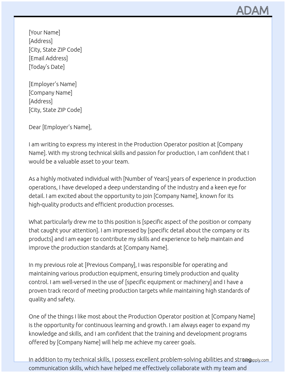 Production operator At Production company Cover Letter