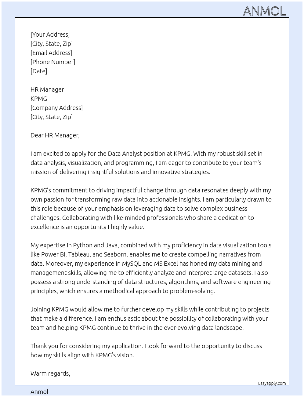 data analyst At KPMG Cover Letter