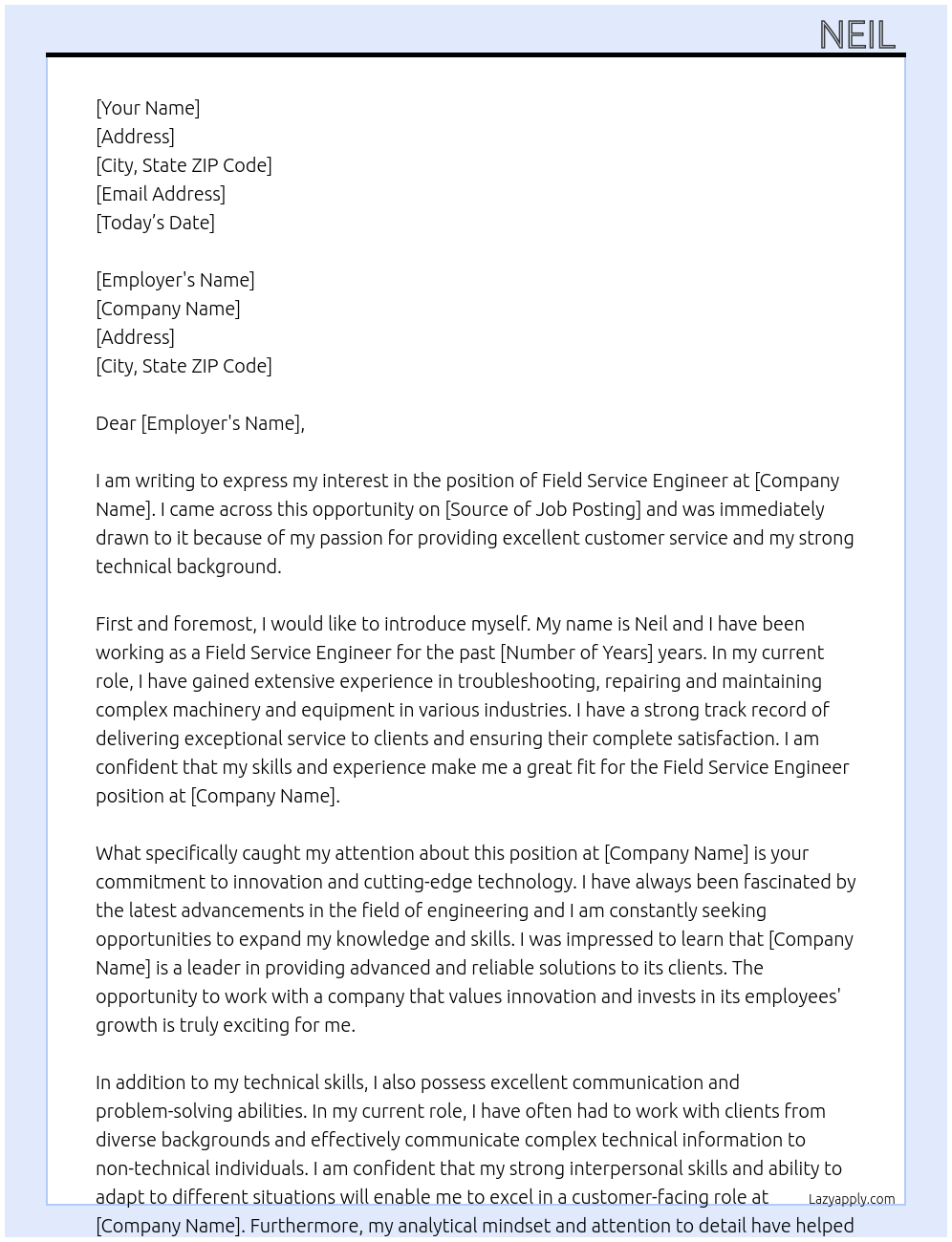 Field Service Engineer At rt Cover Letter