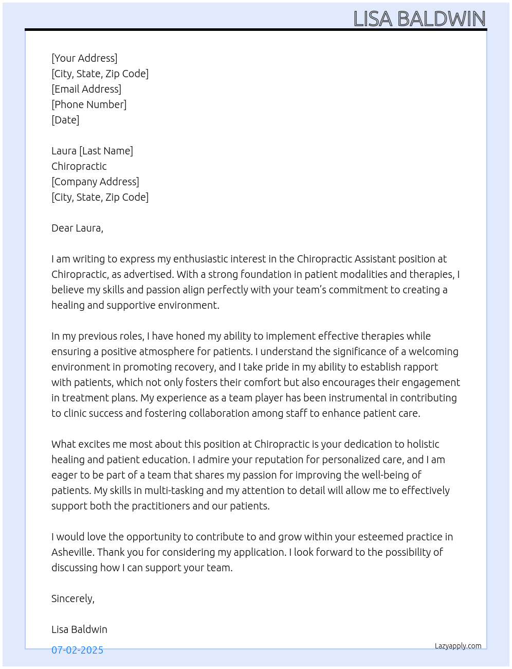 Chiropractic assistan At Chiropractic Cover Letter