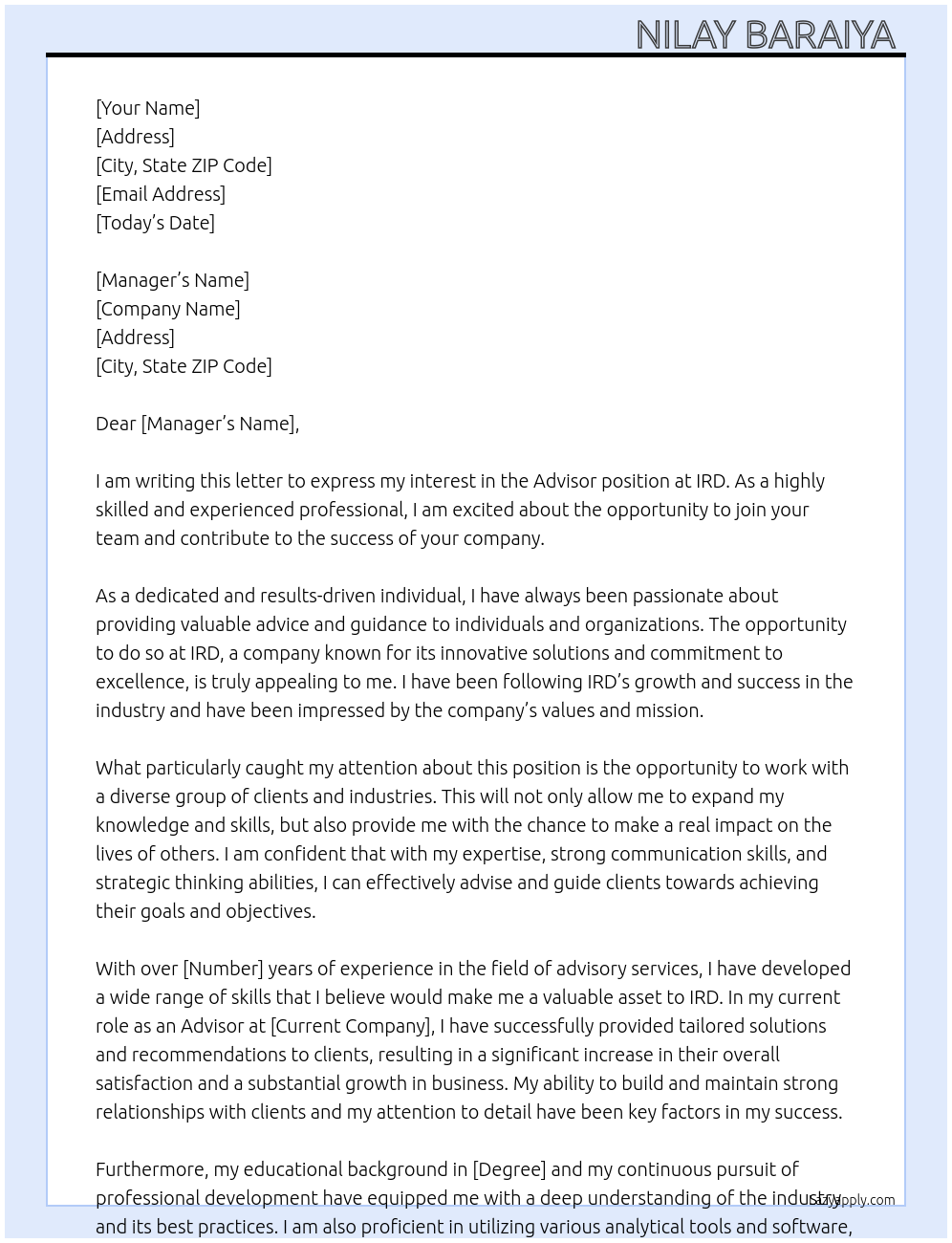 Advisor At IRD Cover Letter