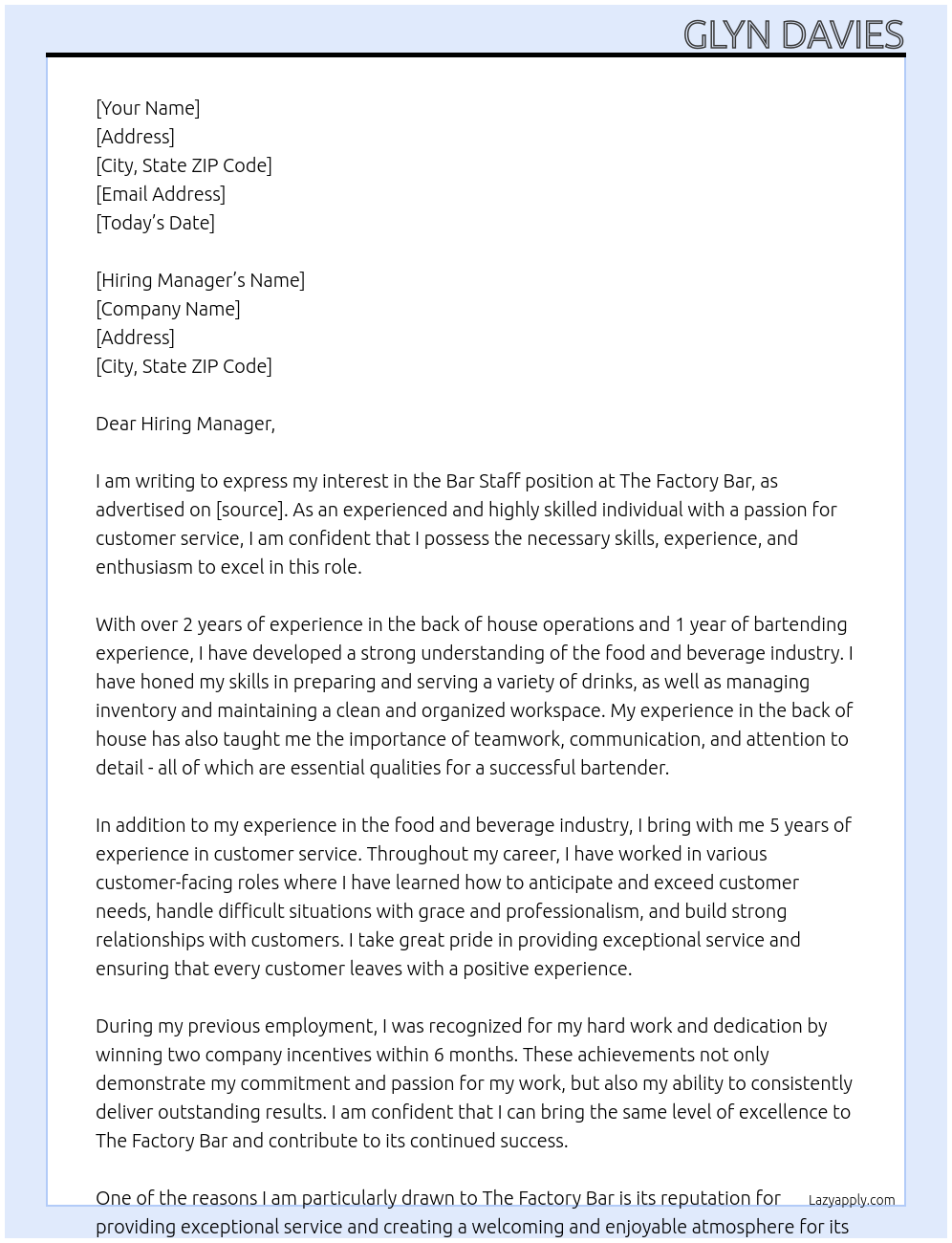Bar Staff At The Factory Bar Cover Letter