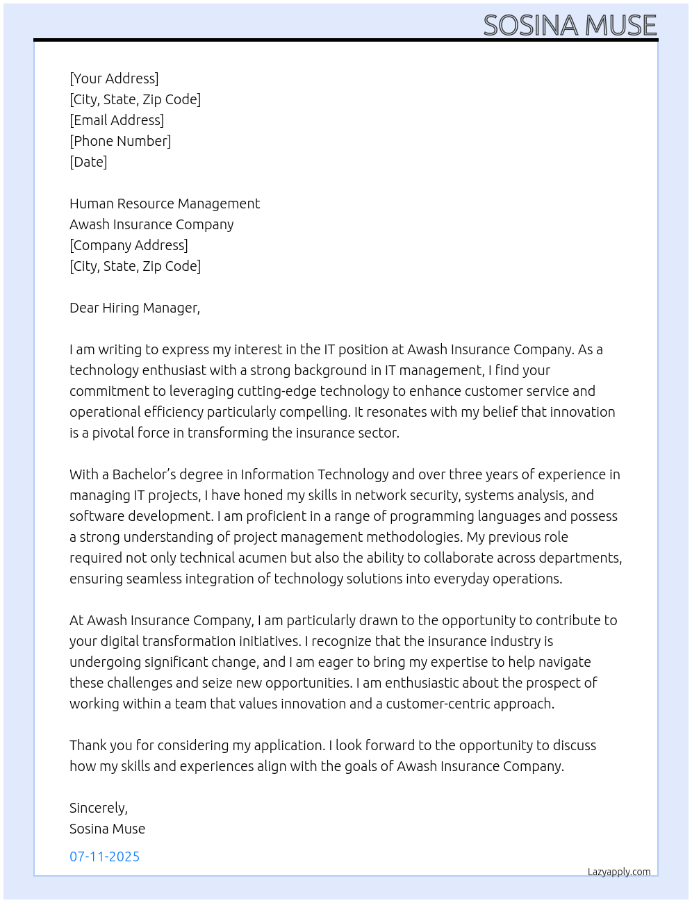 it At awash insurance company Cover Letter