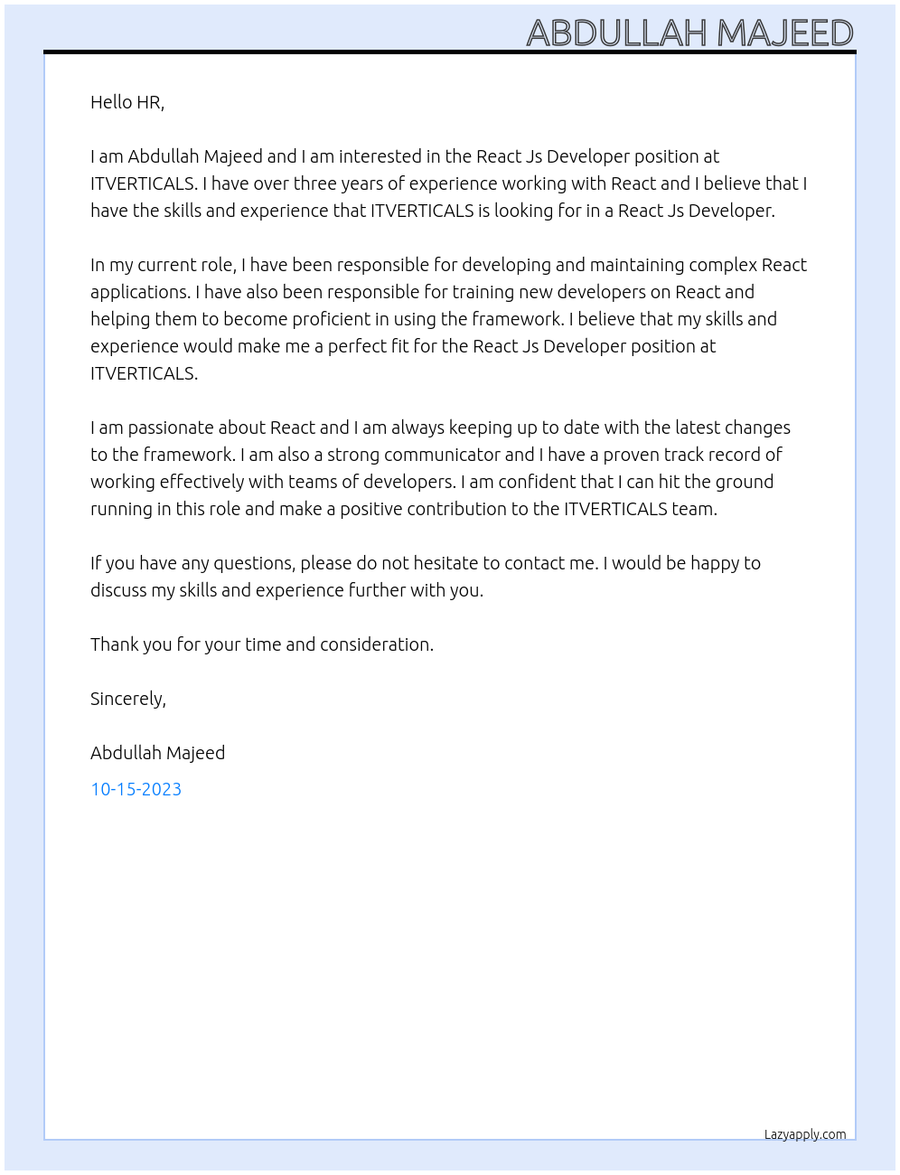 React Js Developer At ITVERTICALS Cover Letter