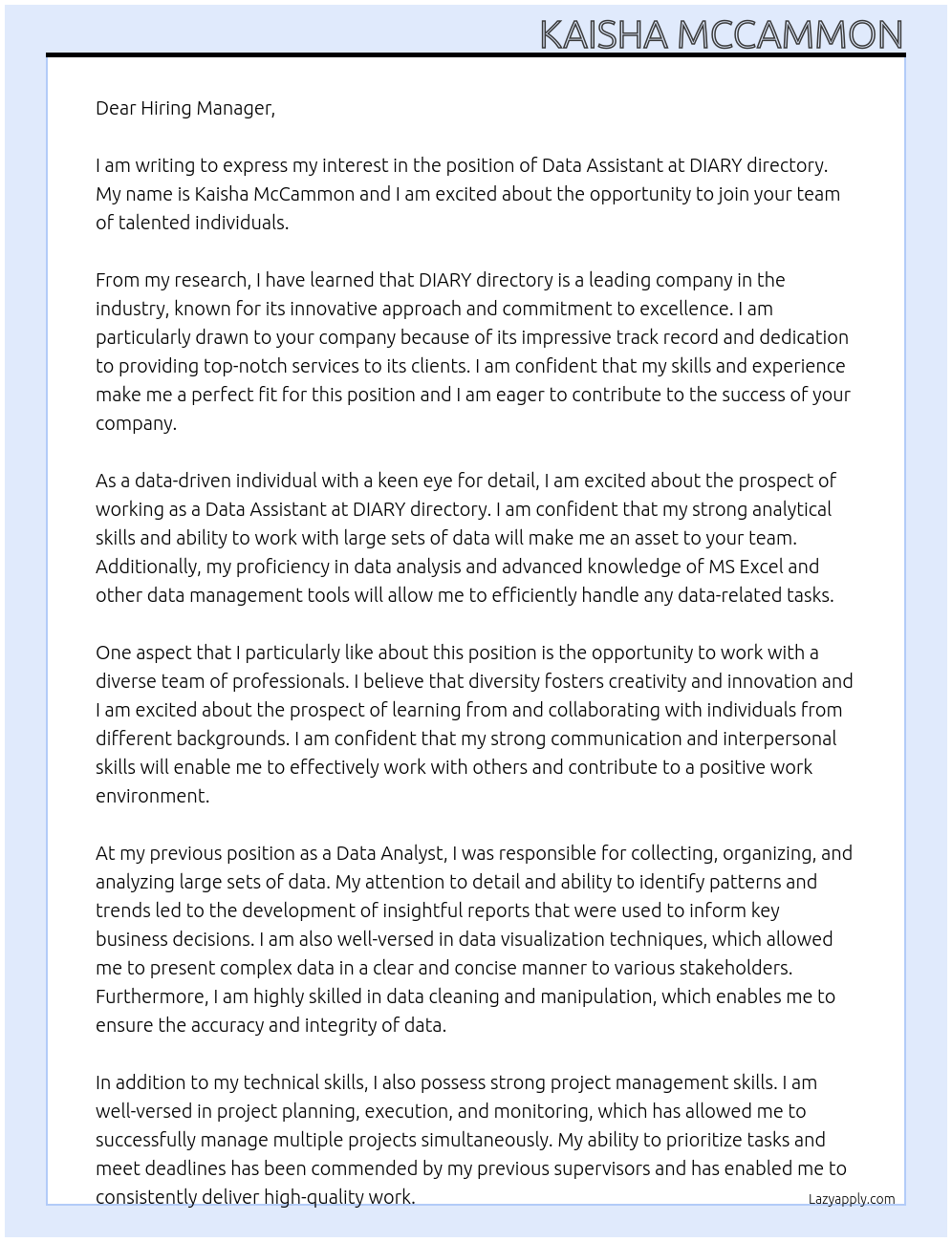 Data Assistant  At DIARY directory Cover Letter