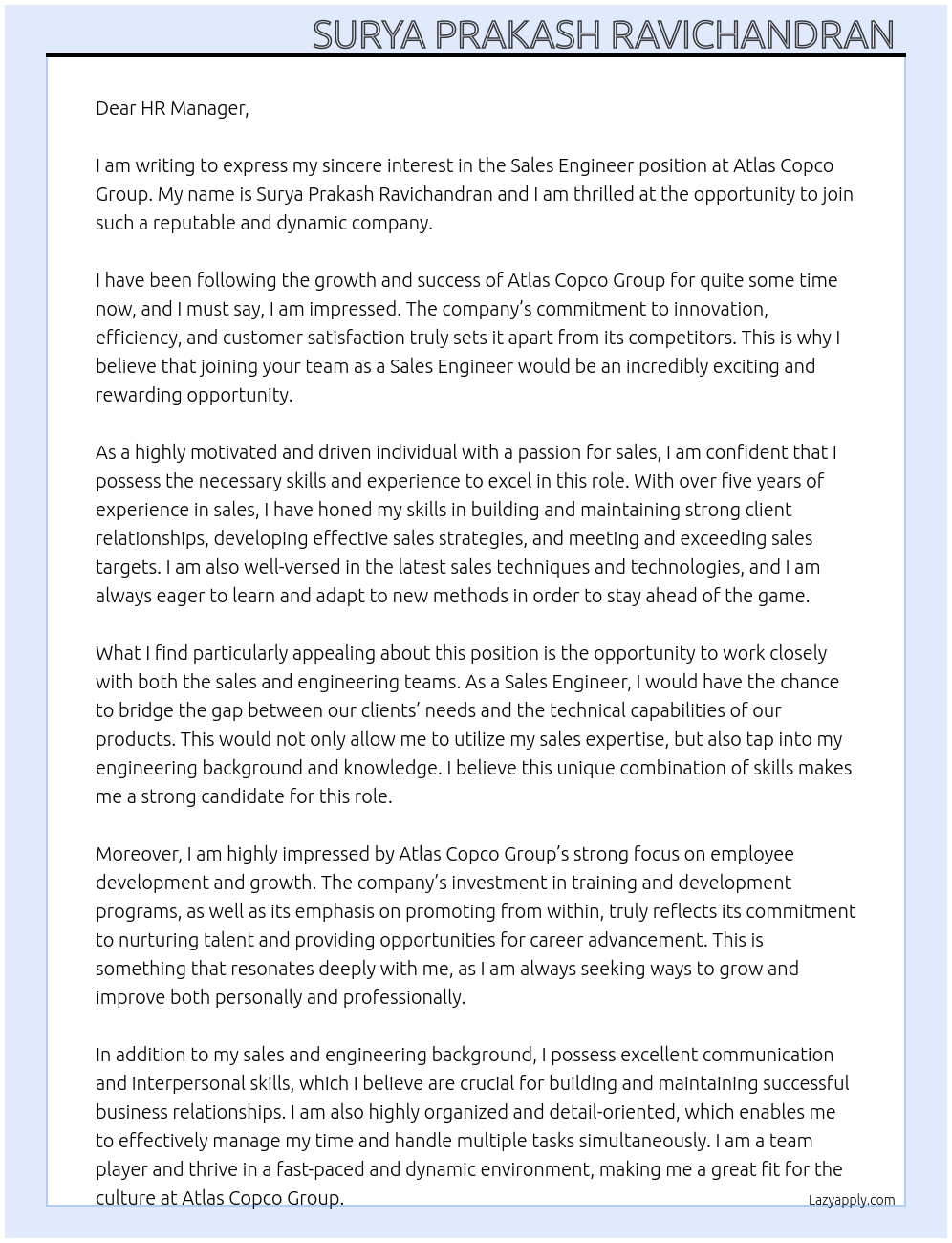 SALES ENGINEER At ATLAS COPCO GROUP Cover Letter