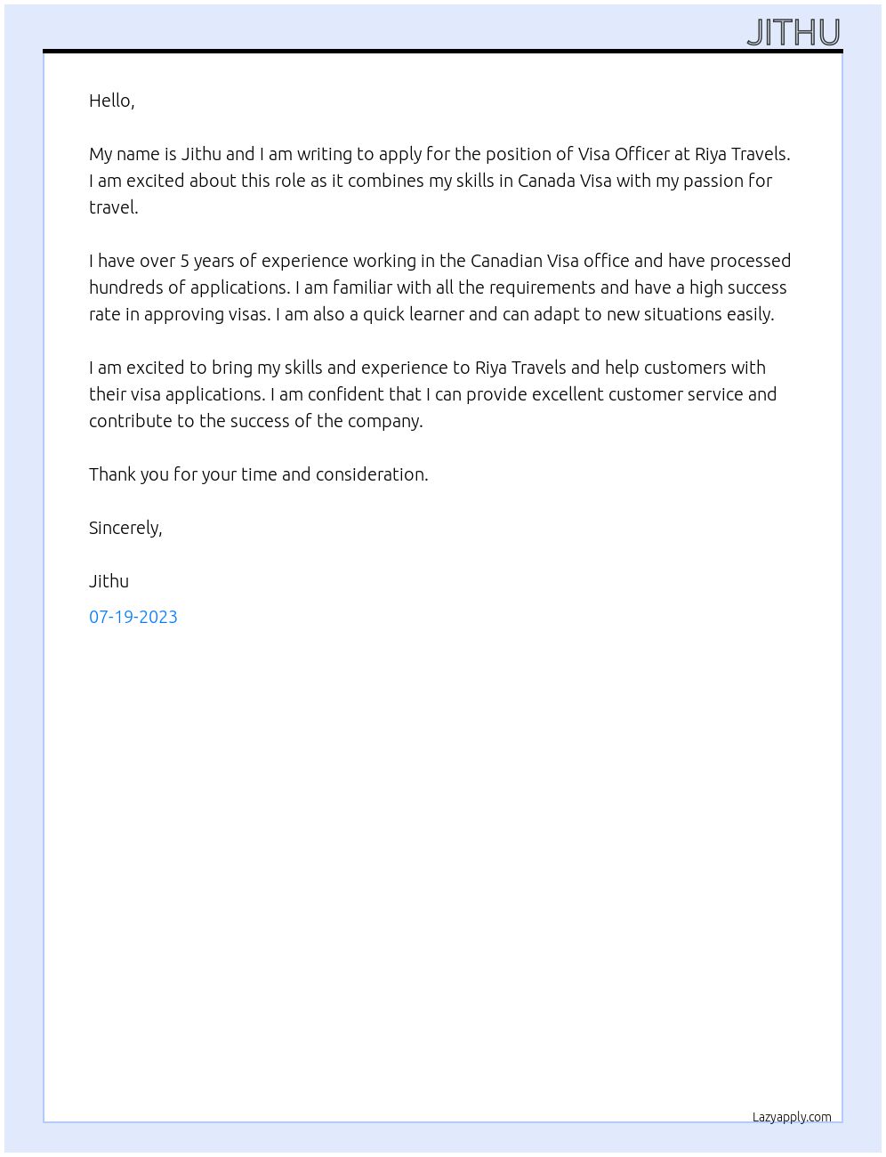 VISA OFFICER At RIYA TRAVELS Cover Letter