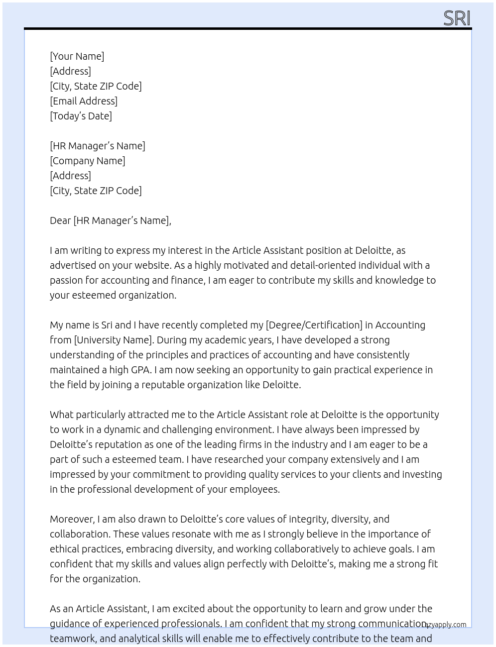 article assistant At deloitte Cover Letter