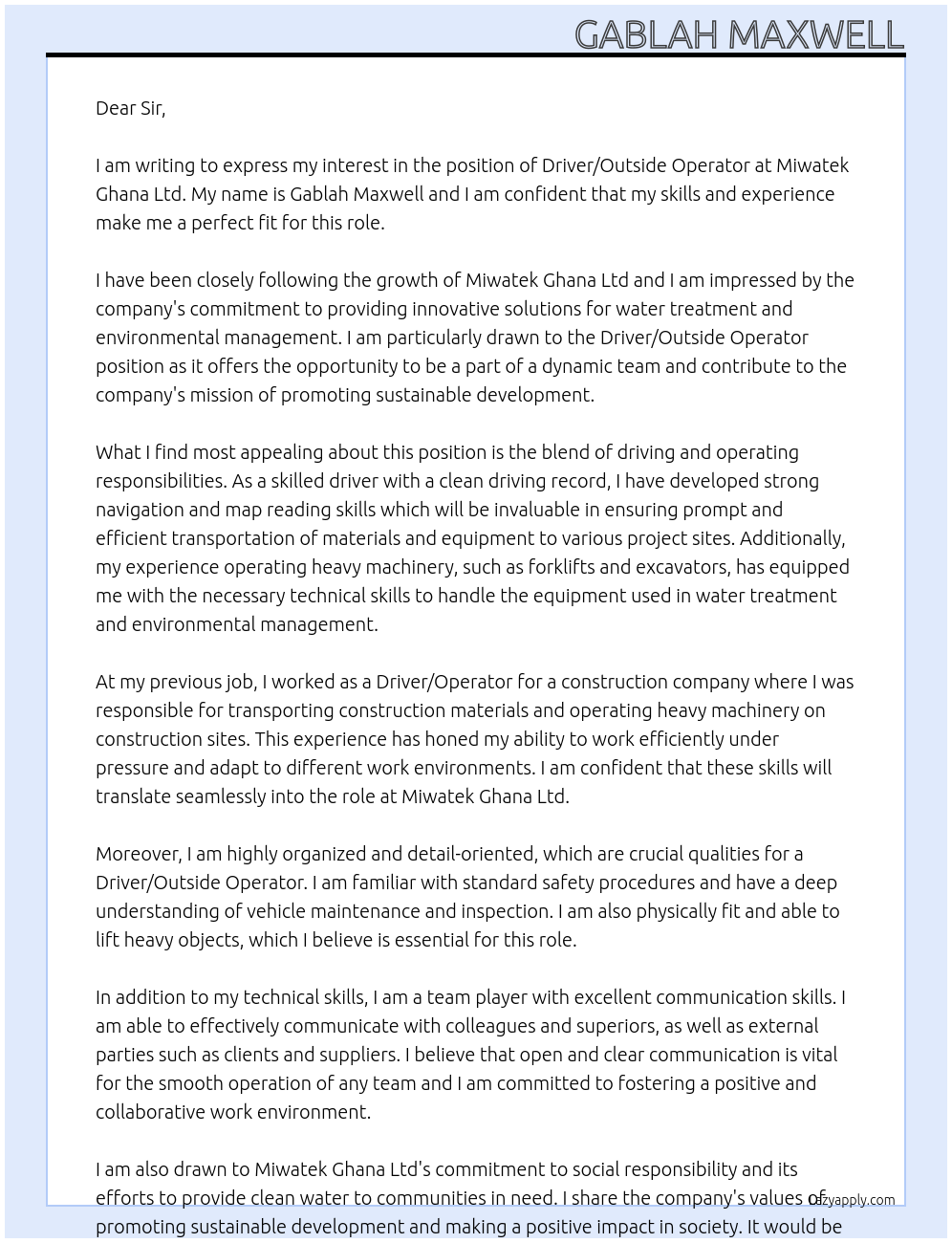 DRIVER/OUTSIDE OPERATOR At MIWATEK GHANA LTD Cover Letter