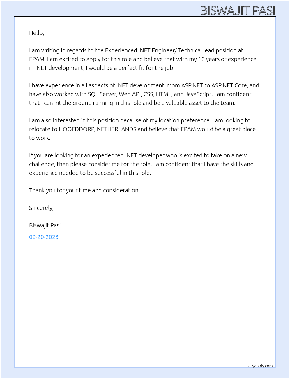 Experienced .NET Engineer/ Technical lead At EPAM Cover Letter