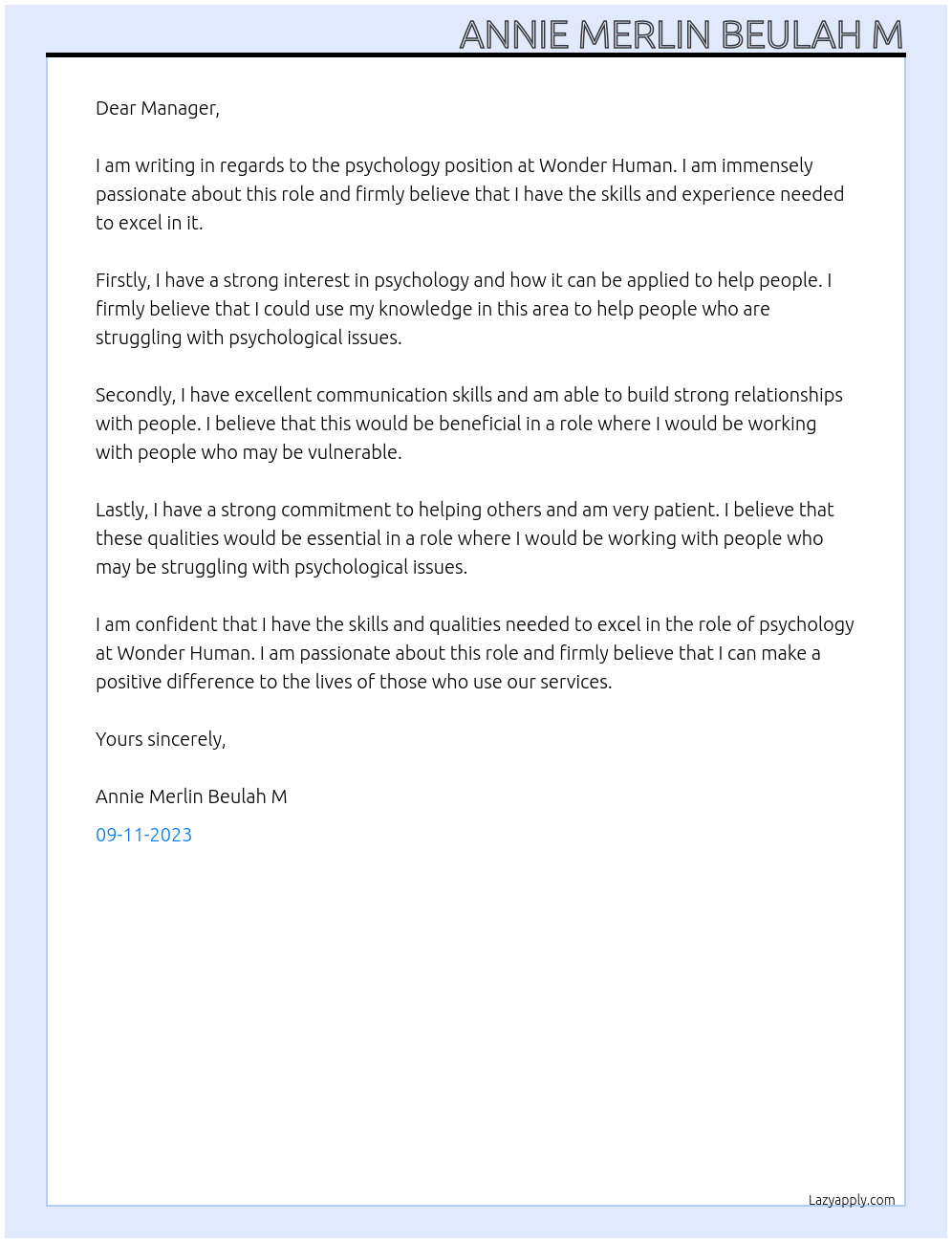 psychology At Wonder Human Cover Letter