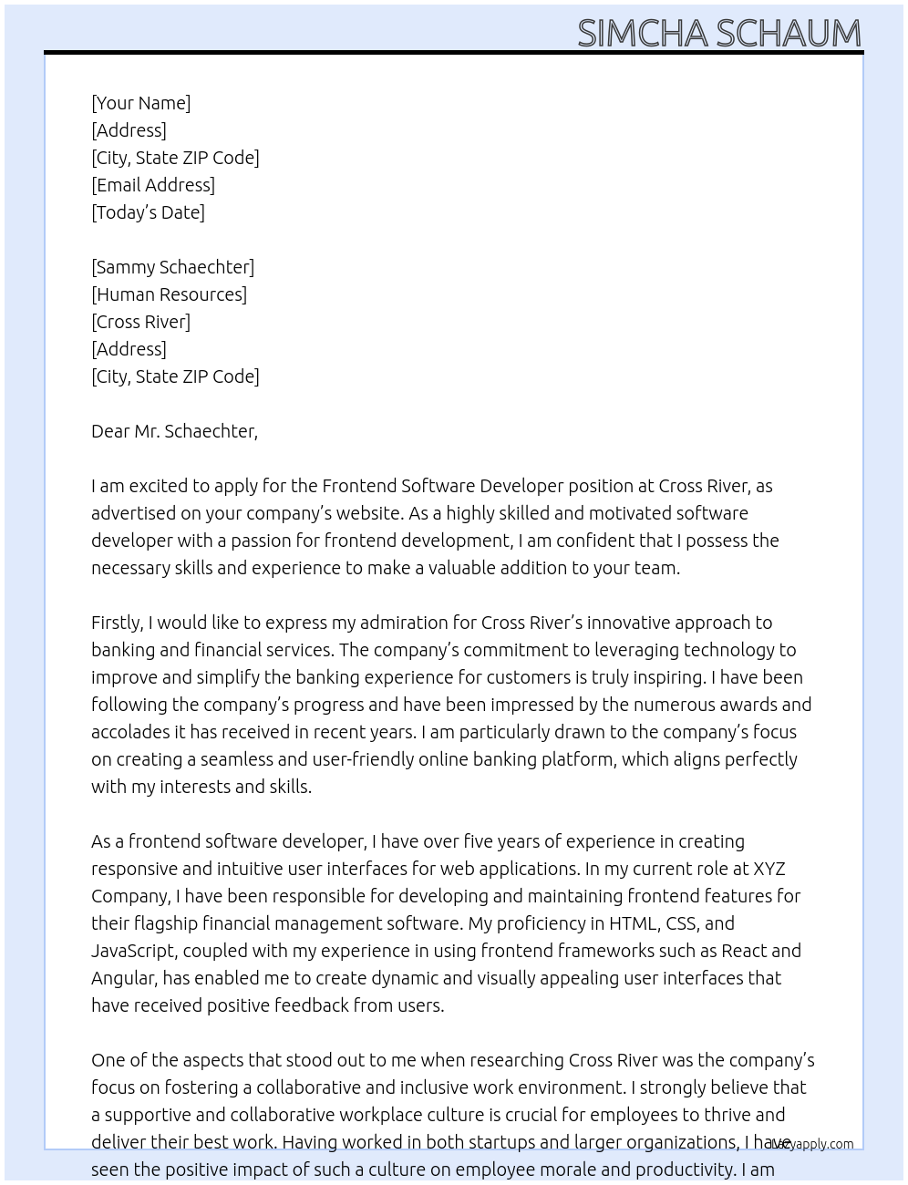 Frontend Software Developer At Cross River Cover Letter