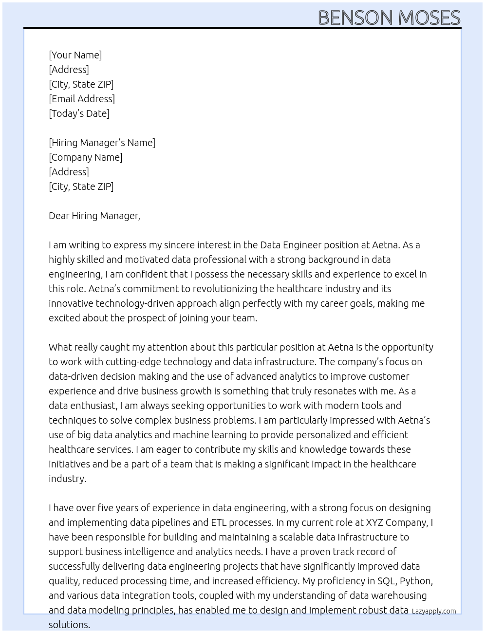 Data Engineer At Aetna Cover Letter
