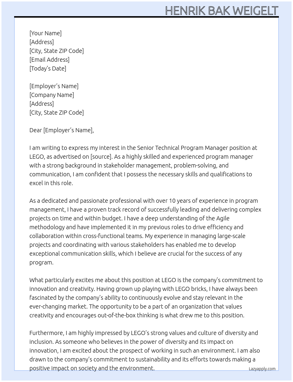 Senior Technical Program Manager At LEGO Cover Letter