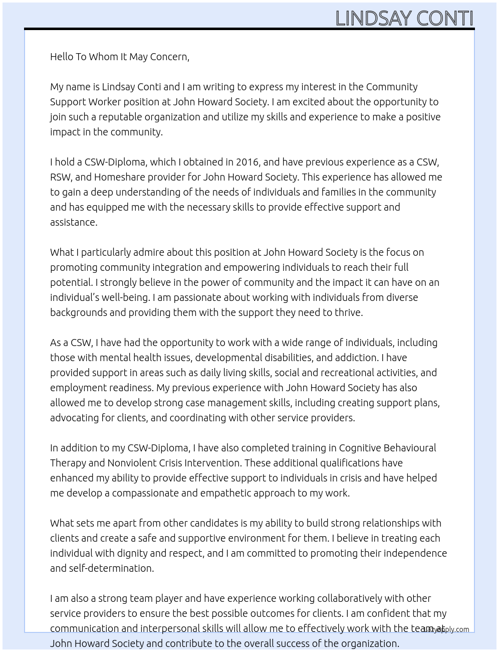 Community Support Worker At John Howard Society Cover Letter