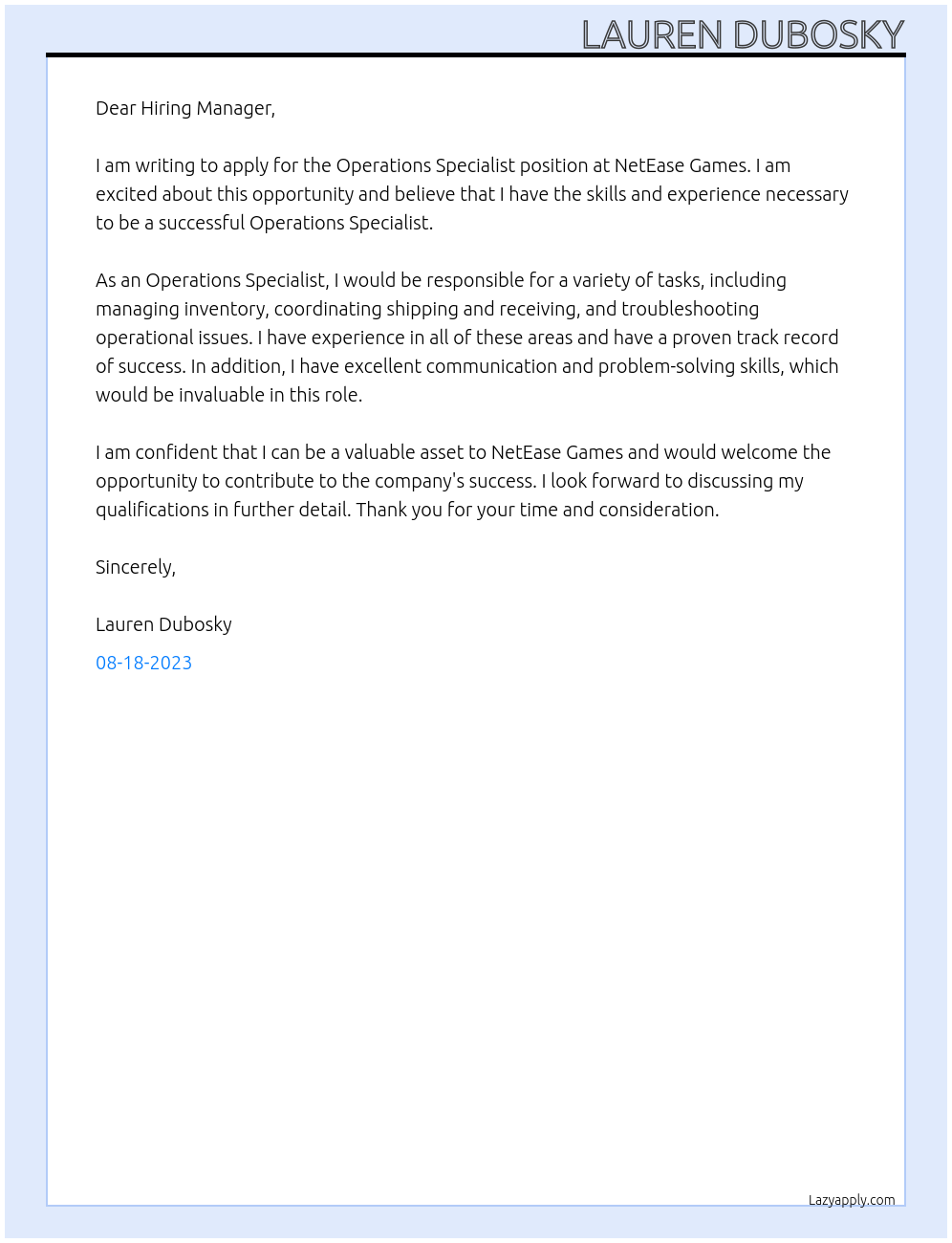 Operations Specialist At NetEase Games Cover Letter