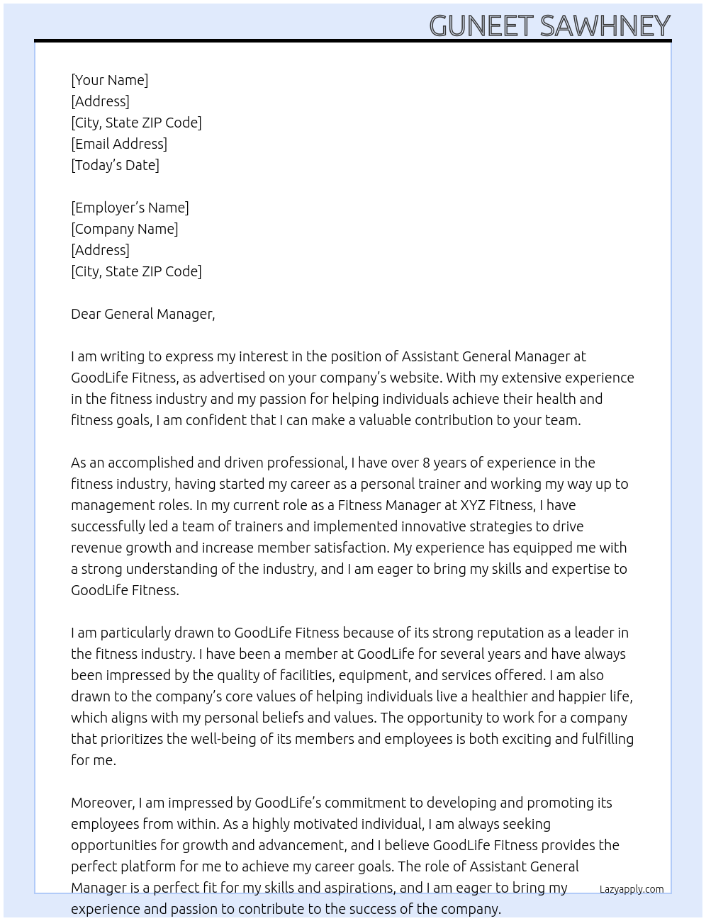 Assistant general manager At GoodLife fitness Cover Letter