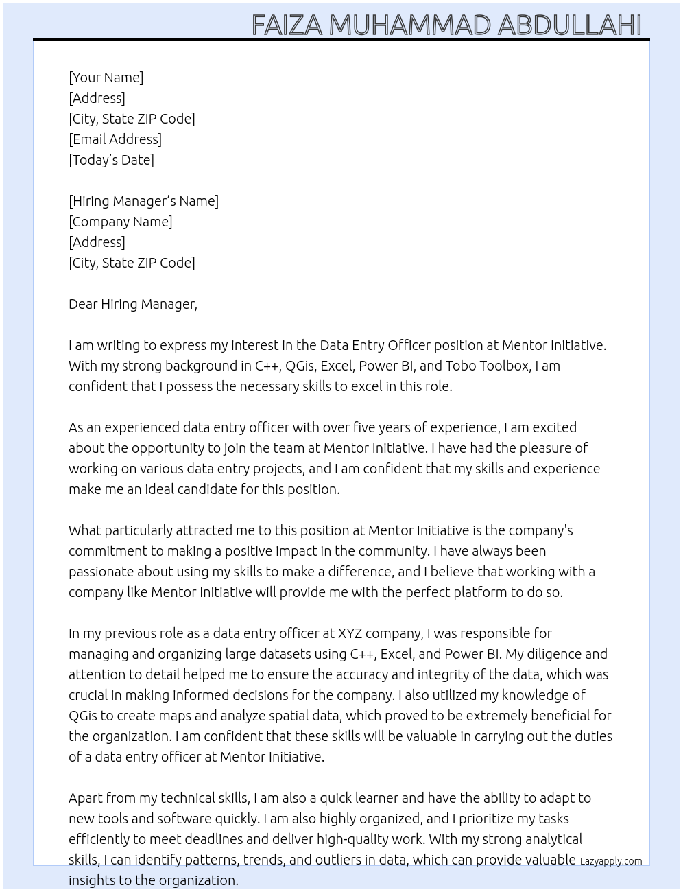 Data entry officer At Mentor Initiative Cover Letter